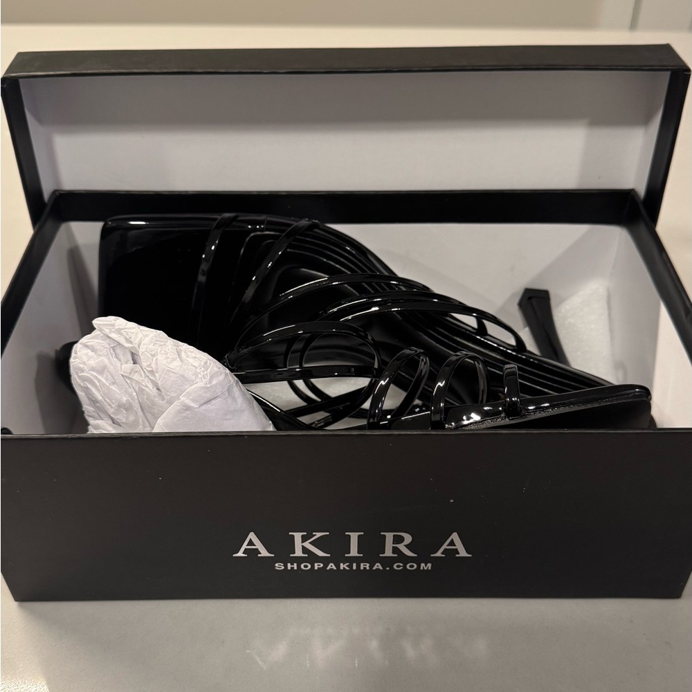 AKIRA Hughie Glossy Black Strappy Slip On Heel Sandals